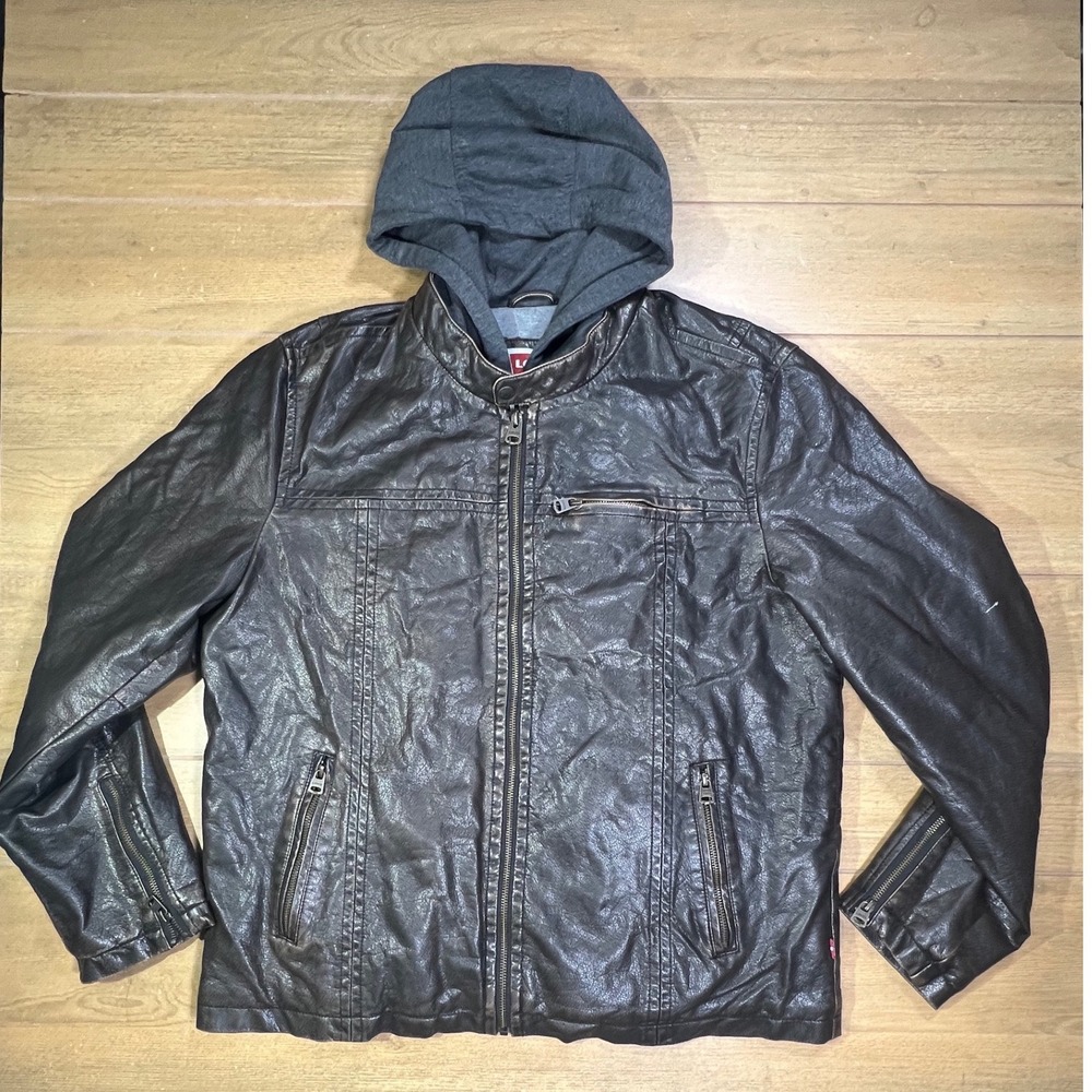 Levis Mens Faux Leather Hooded Racer‎ Jacket Brown Large Layered Biker Coat